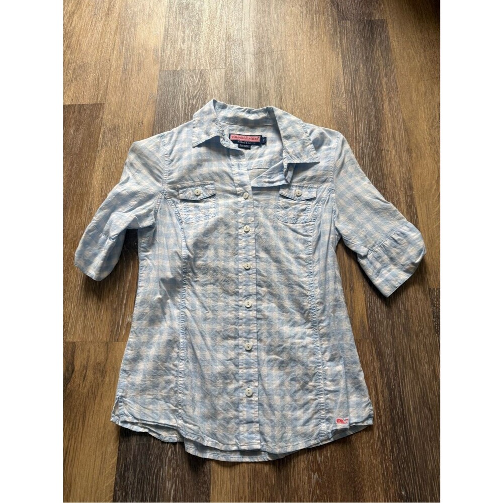 Vineyard Vines Blue Gingham Button Down Shirt Size 2 Preppy Classic